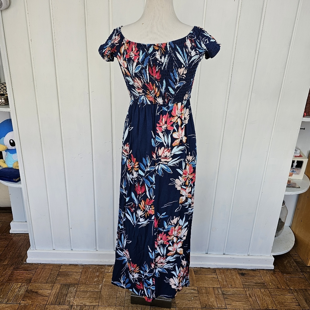 Band of Gypsies Smocked Bodice Blue Pink Floral Boho Tassel Slit Maxi Dress Med. - Picture 8 of 16
